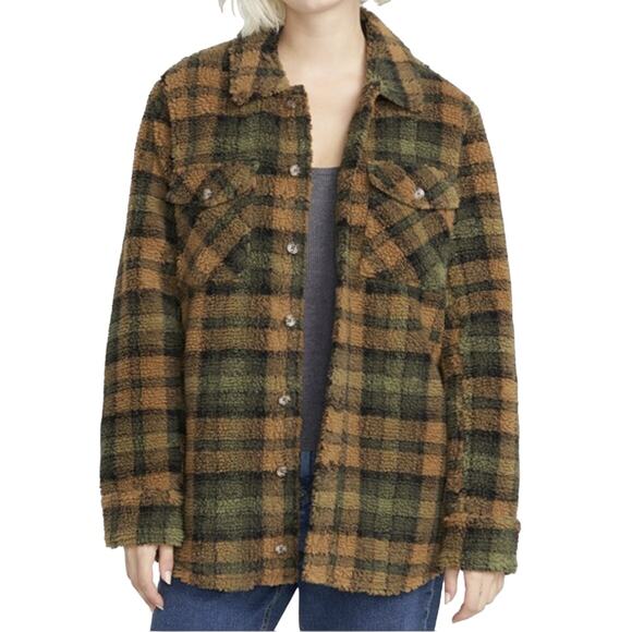 Volcom Silent Sherpa Faux Fur Bronze Plaid Jacket Shacket Size Women Large NWT - Picture 1 of 6
